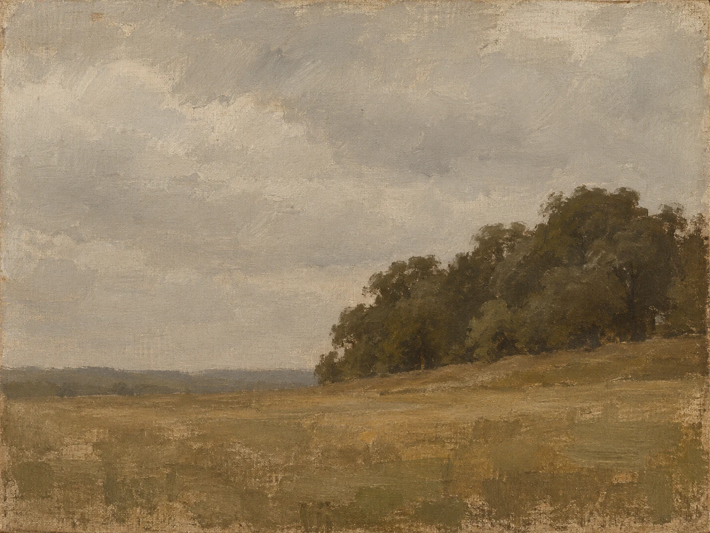 A low ridge of oaks above a hayfield in sand, olive, gray, brown; landscape artwork.