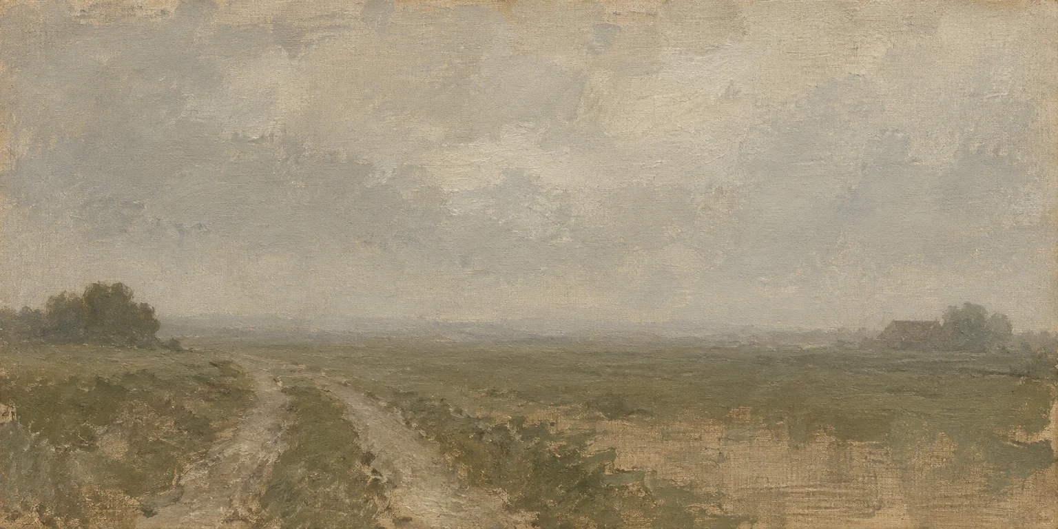 A farm track dissolving into mist in sand, taupe, stone, olive; panoramic artwork.