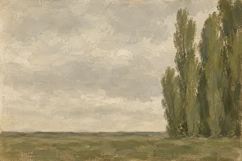 A stand of poplars on a flat plain in stone, taupe, olive, brown; landscape artwork.