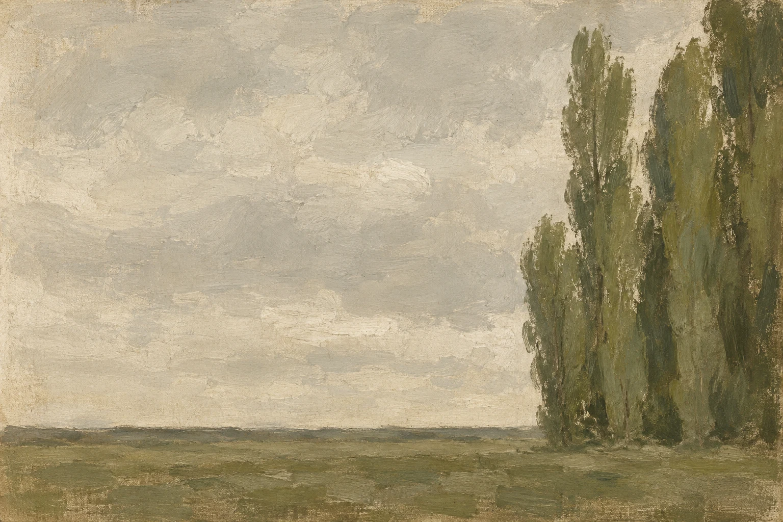 A stand of poplars on a flat plain in stone, taupe, olive, brown; landscape artwork.