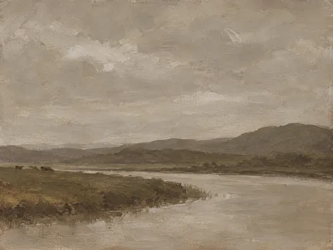 A river bend with cattle grazing far off in gray, sand, brown, taupe; landscape artwork.