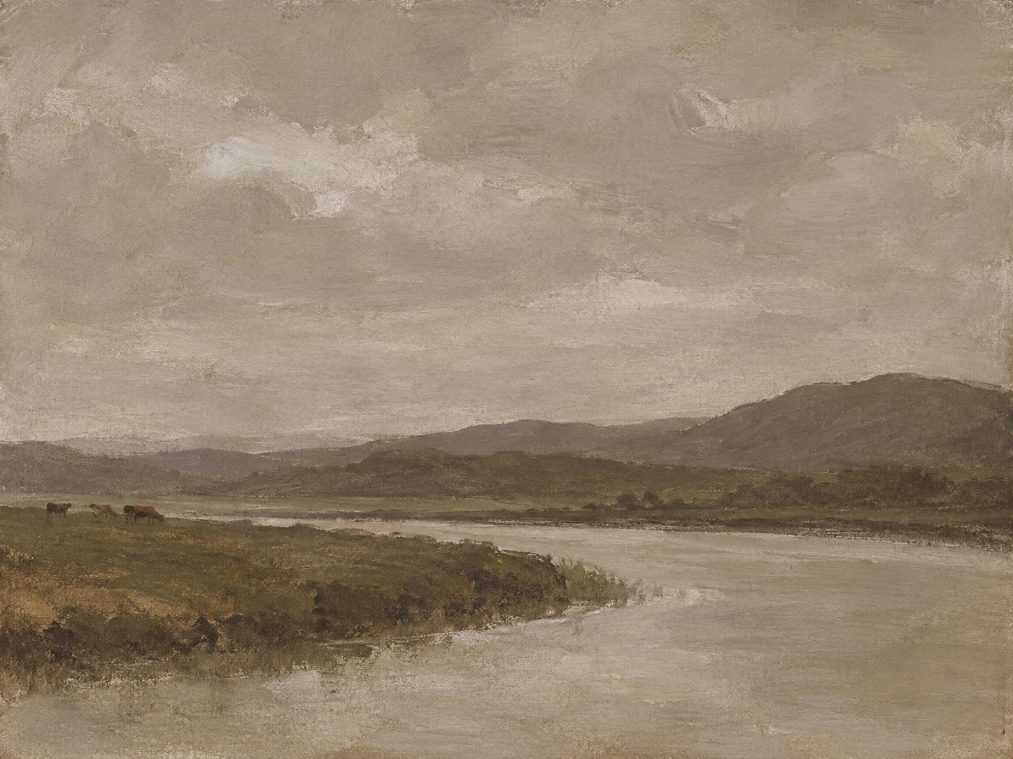 A river bend with cattle grazing far off in gray, sand, brown, taupe; landscape artwork.