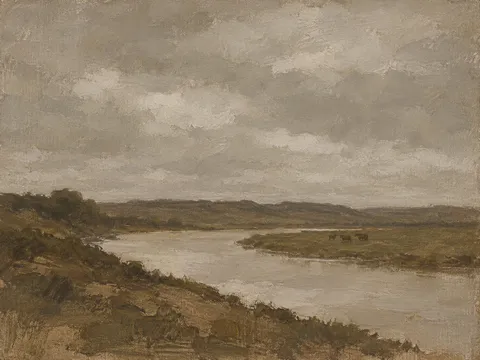 A river bend with cattle grazing far off in brown, gray, sand, sage; landscape artwork.