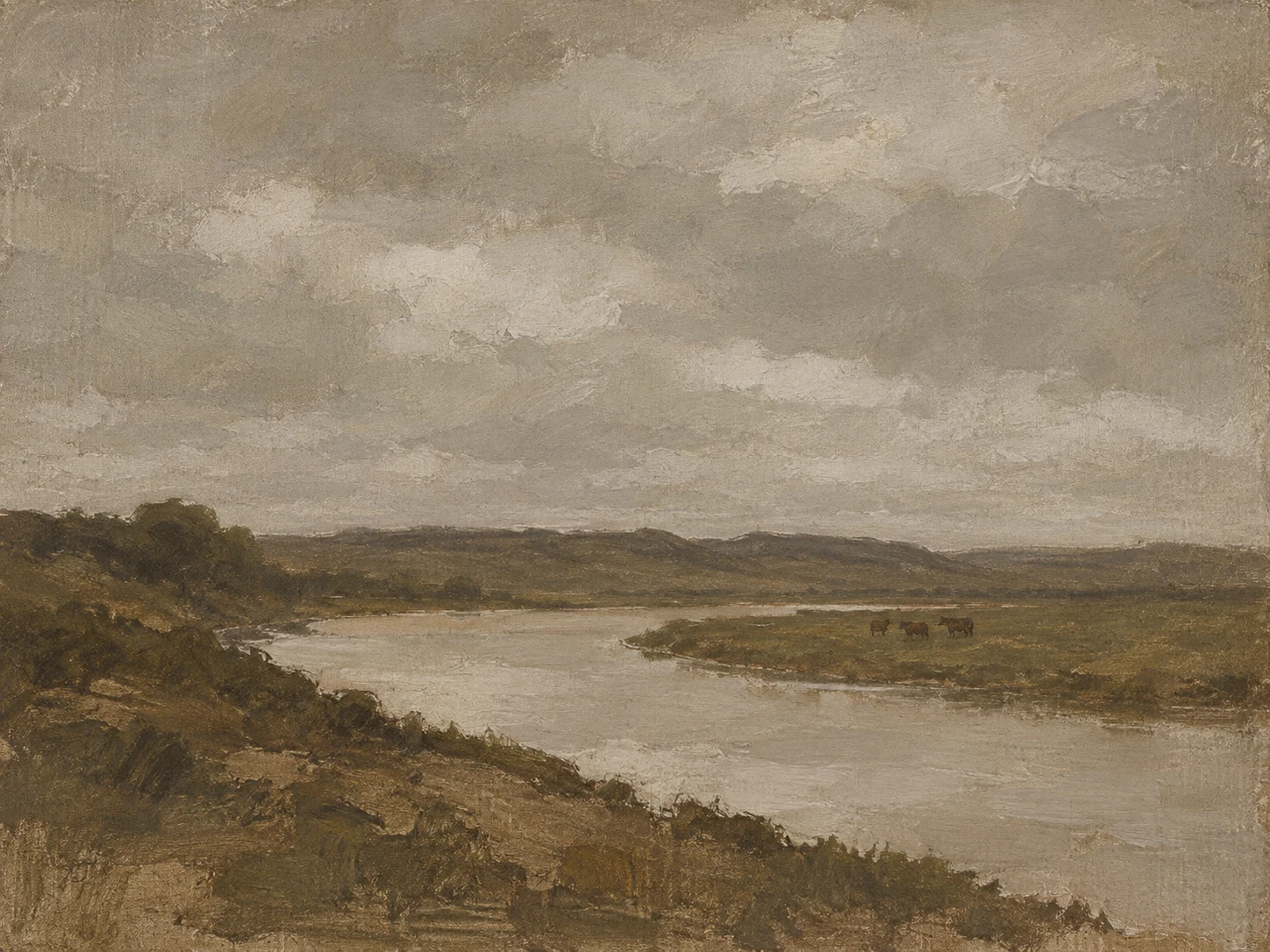 A river bend with cattle grazing far off in brown, gray, sand, sage; landscape artwork.
