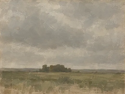 A fence line under a heavy gray sky in gray, sand, taupe, olive; landscape artwork.
