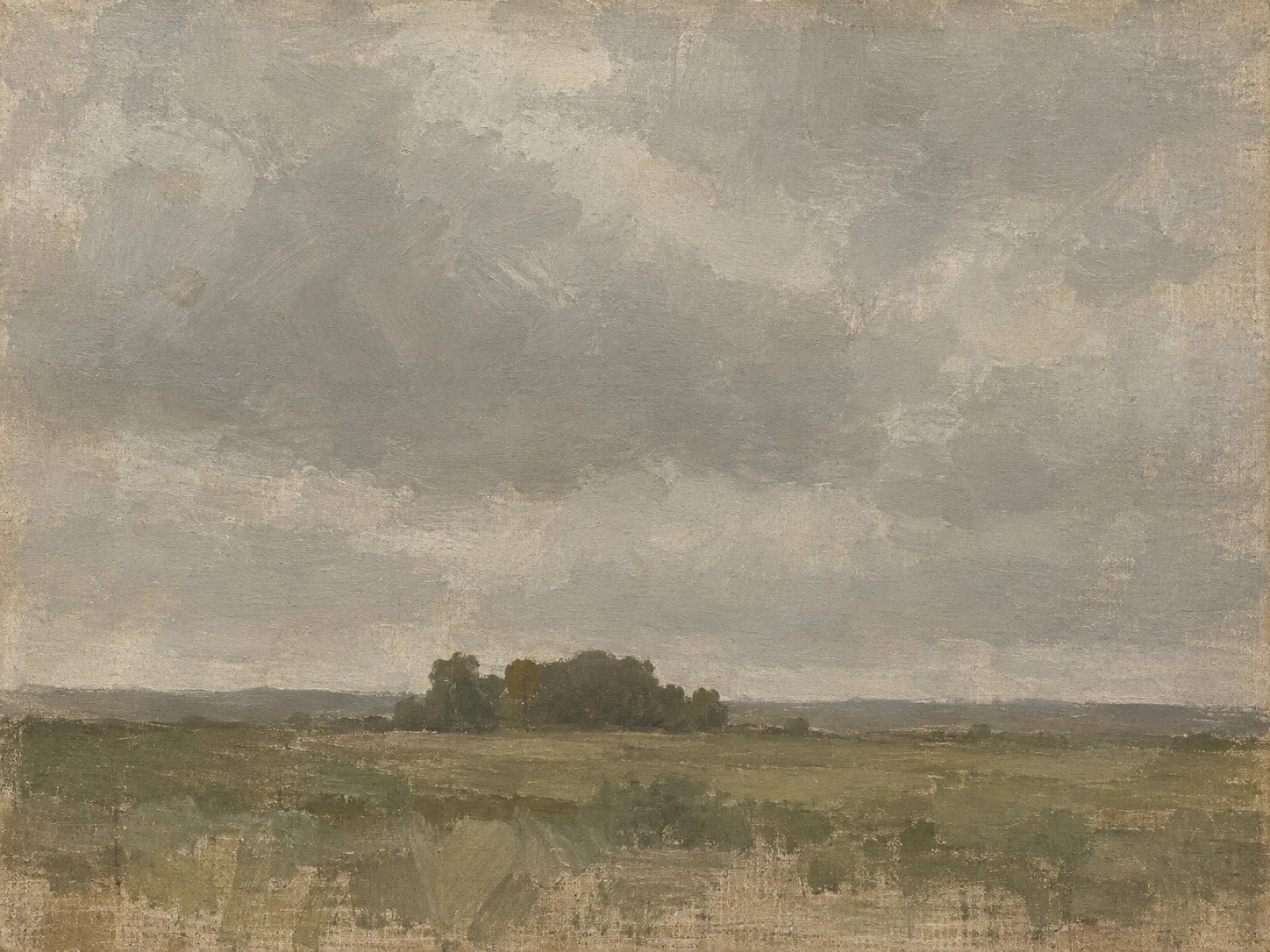 A fence line under a heavy gray sky in gray, sand, taupe, olive; landscape artwork.