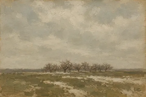 A bare orchard in late winter in sand, olive, stone, sage; landscape artwork.