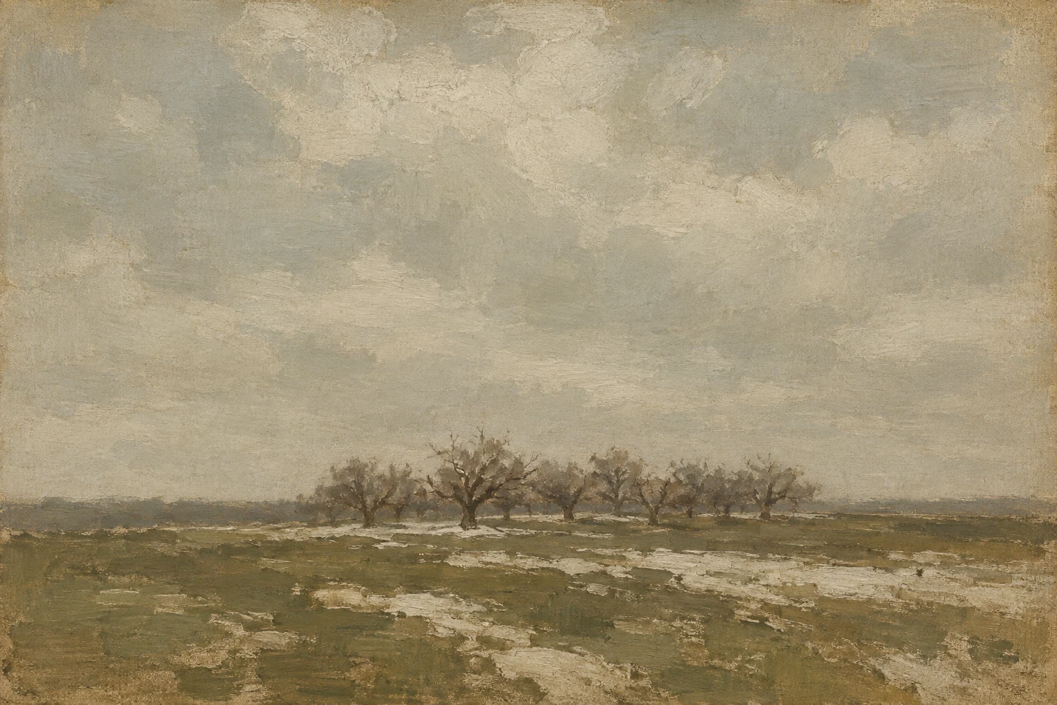 A bare orchard in late winter in sand, olive, stone, sage; landscape artwork.