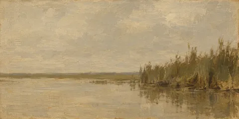 A marsh edge with reeds and still water in sand, stone, brown, taupe; panoramic artwork.
