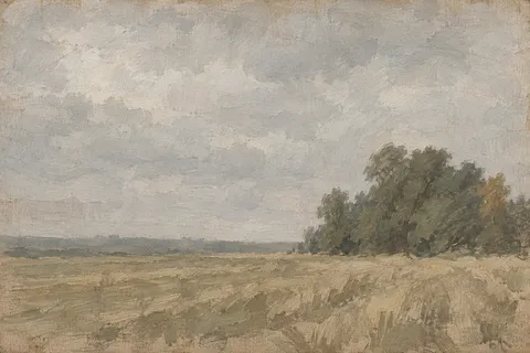 A stubble field after harvest in stone, taupe, sage, olive; landscape artwork.