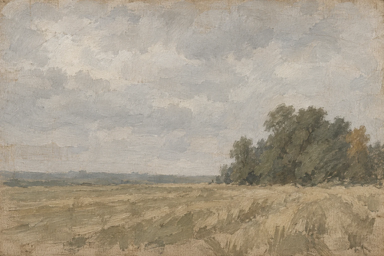 A stubble field after harvest in stone, taupe, sage, olive; landscape artwork.