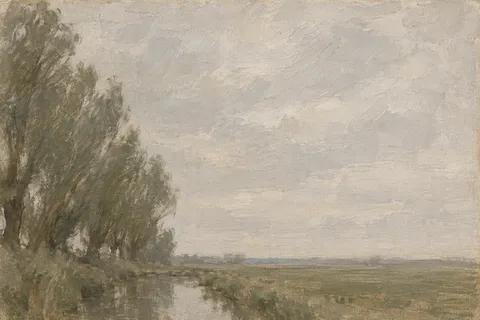 A line of willows along a drainage ditch in stone, olive, taupe, sand; landscape artwork.
