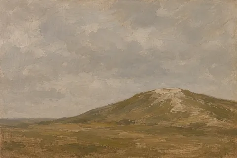 A chalk down rising to a bare crown in gray, sand, olive, taupe; landscape artwork.