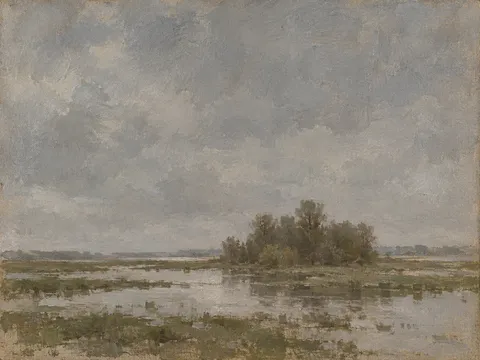 A water meadow under standing water in gray, olive, taupe; landscape artwork.