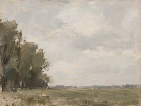 A coppice on the far side of a wide pasture in stone, cream, taupe, brown; landscape artwork.