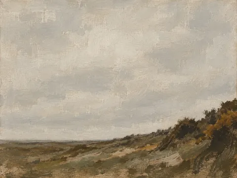 A rough common with gorse in stone, olive, brown; landscape artwork.