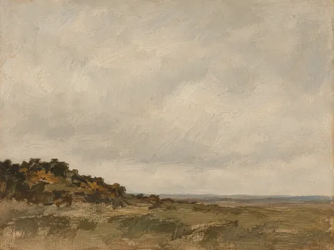 A rough common with gorse in stone, olive, brown, sand; landscape artwork.