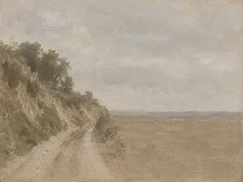 A lane between two high banks in stone, sage, olive, sand; landscape artwork.