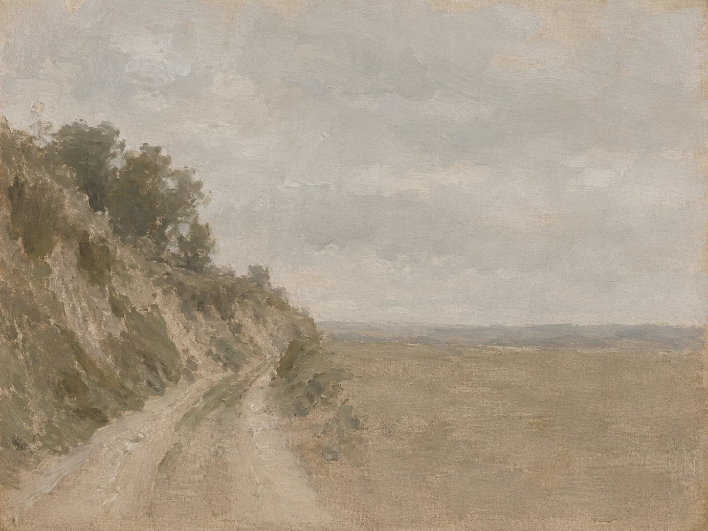 A lane between two high banks in stone, sage, olive, sand; landscape artwork.