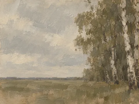 A stand of birches on flat ground in stone, taupe, olive, brown; landscape artwork.