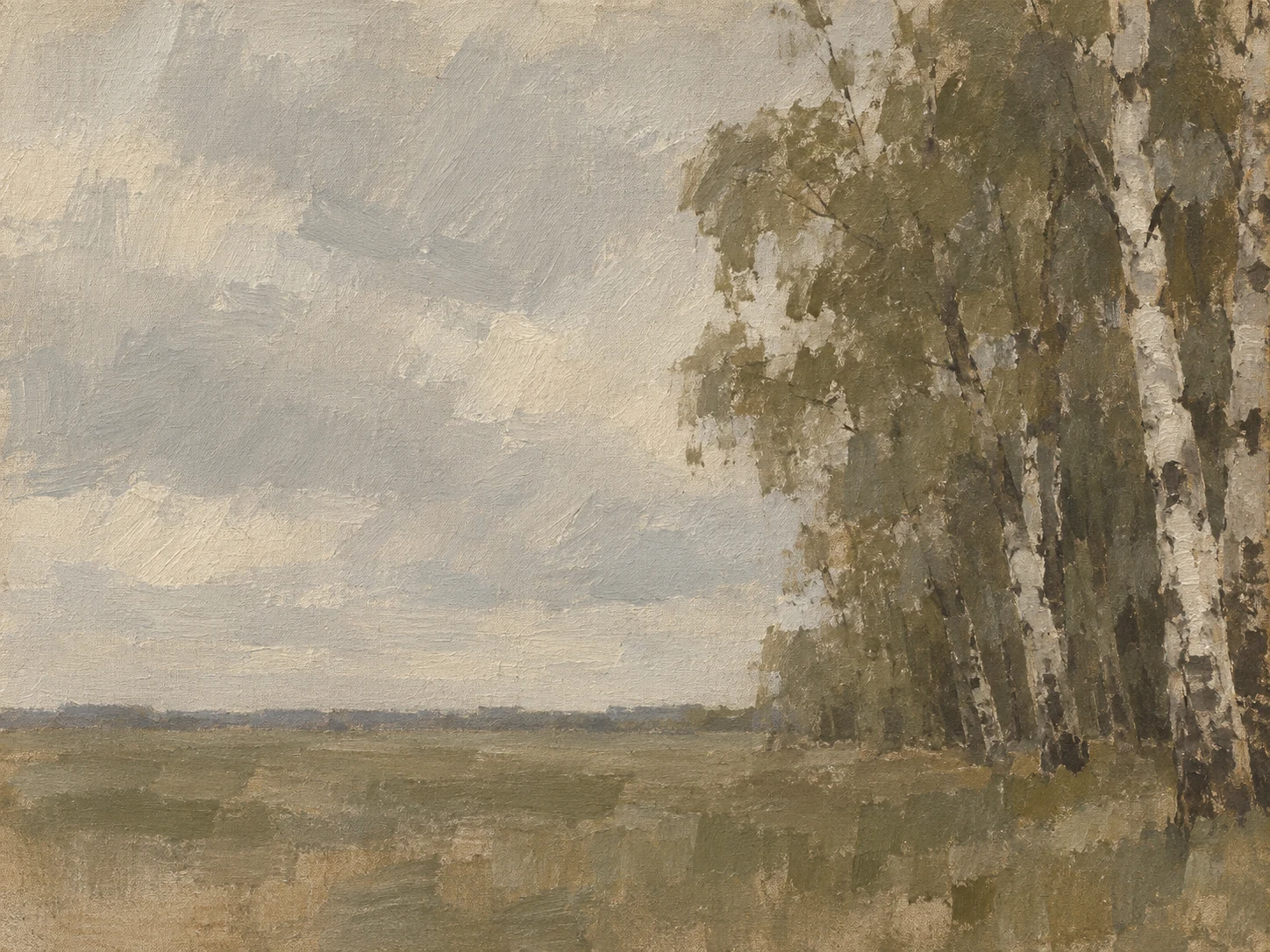 A stand of birches on flat ground in stone, taupe, olive, brown; landscape artwork.