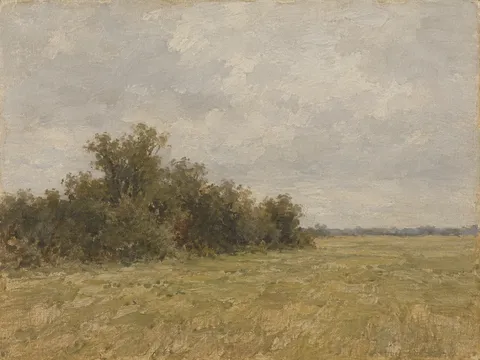 A hedgerow meeting a mown field in stone, taupe, brown, sage; landscape artwork.