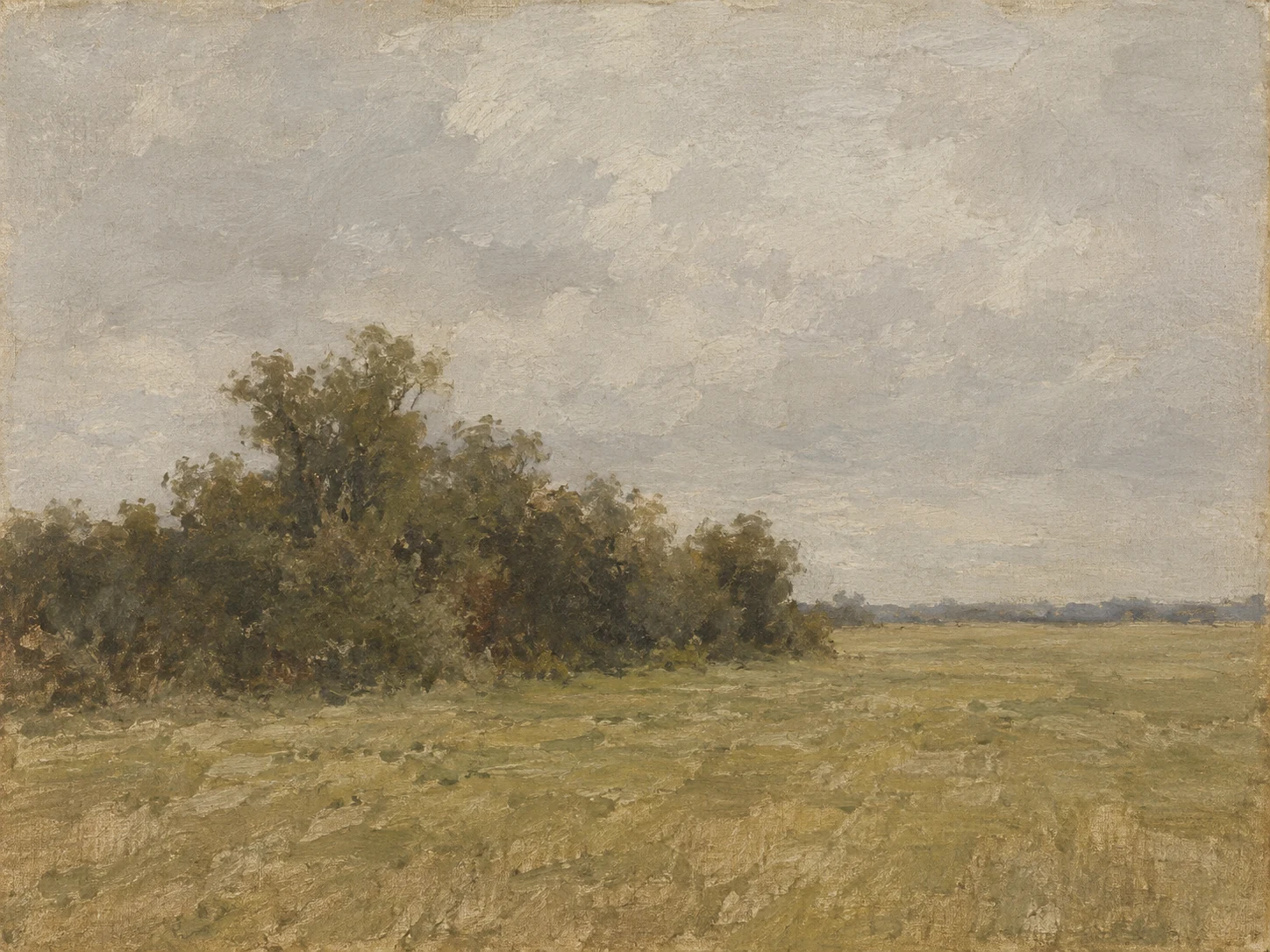 A hedgerow meeting a mown field in stone, taupe, brown, sage; landscape artwork.
