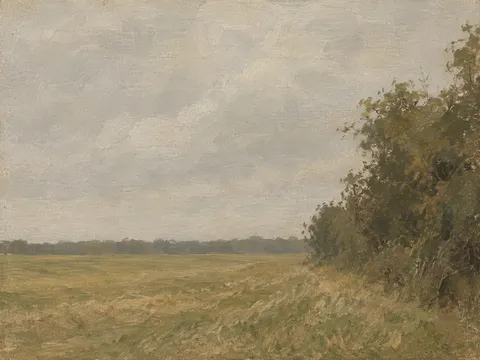 A hedgerow meeting a mown field in stone, taupe, brown, olive; landscape artwork.