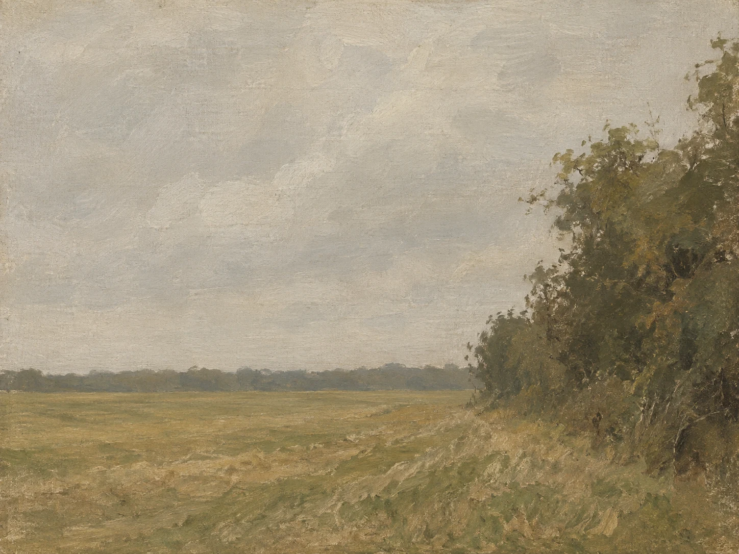 A hedgerow meeting a mown field in stone, taupe, brown, olive; landscape artwork.