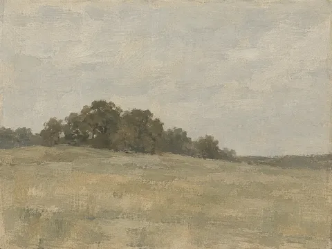 A low ridge of oaks above a hayfield in stone, sage, olive, sand; landscape artwork.
