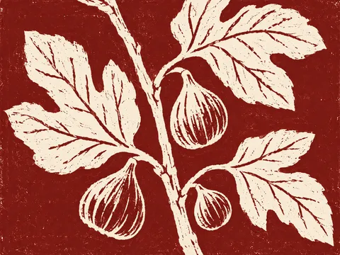 A fig branch with three leaves in rust, white, stone, cream; landscape artwork.