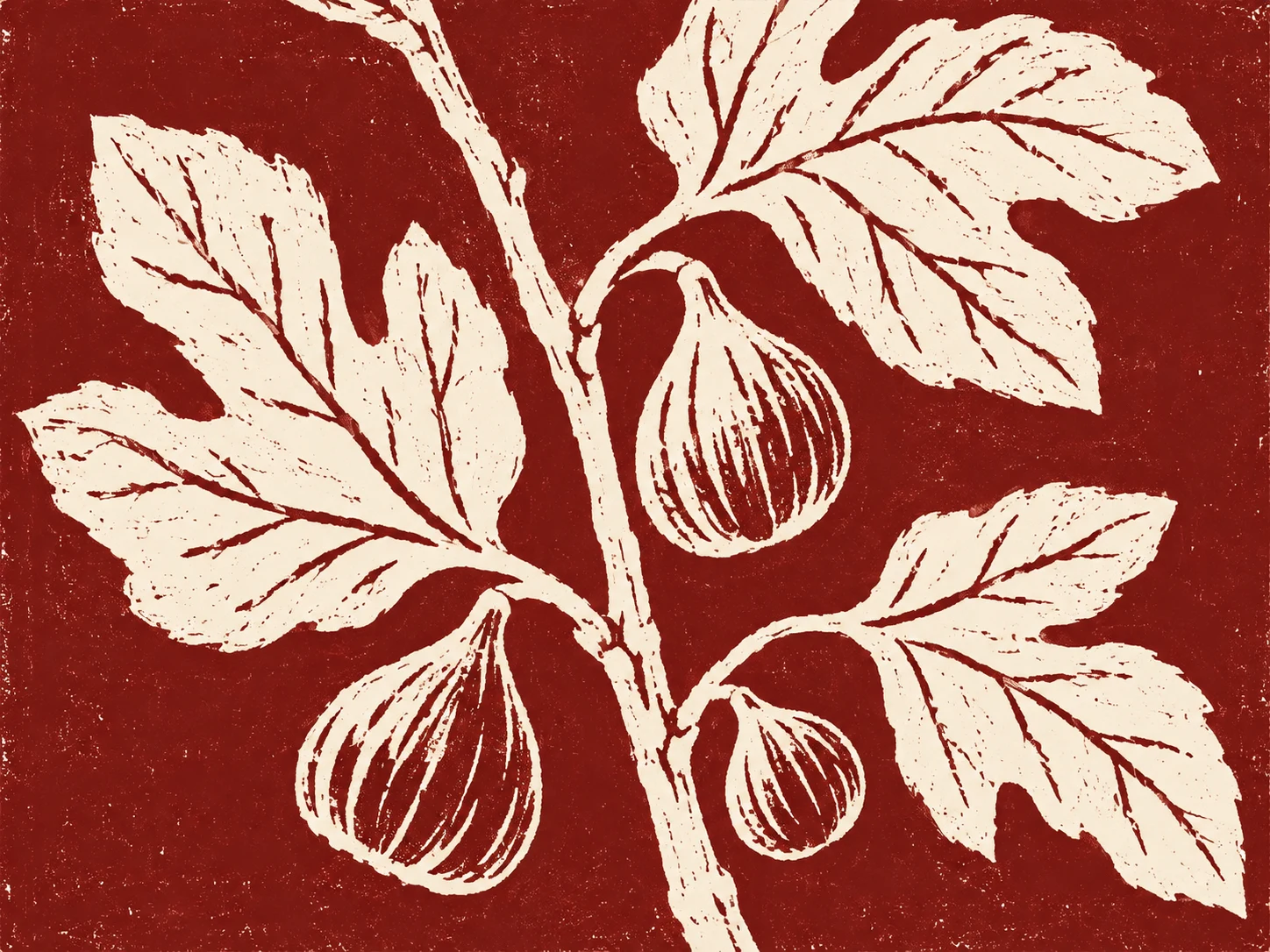 A fig branch with three leaves in rust, white, stone, cream; landscape artwork.