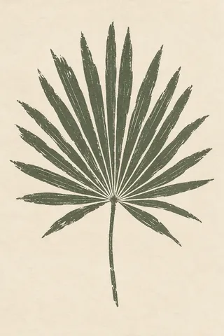 A palm frond fanning from one point in cream, olive, taupe, stone; portrait artwork.