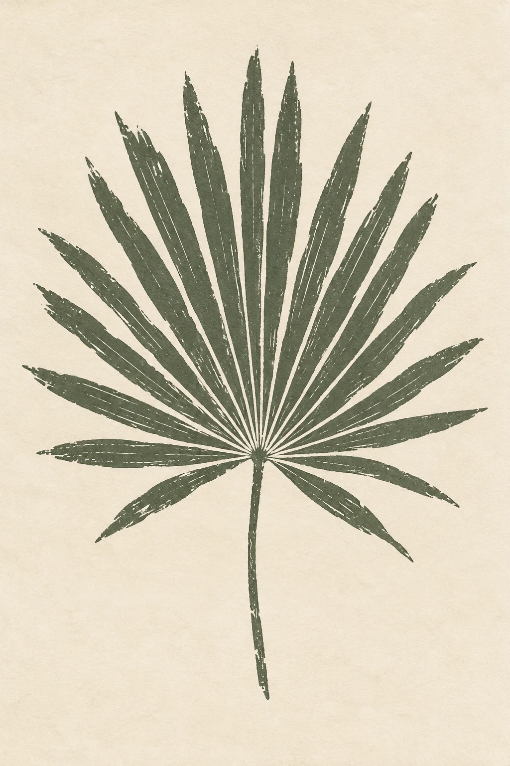 A palm frond fanning from one point in cream, olive, taupe, stone; portrait artwork.