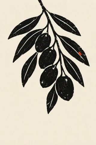 An olive spray with fruit in white, black, charcoal, stone; portrait artwork.