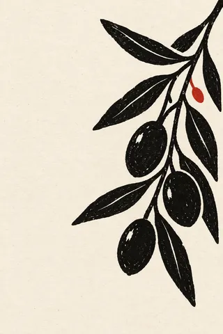 An olive spray with fruit in white, black, stone; portrait artwork.
