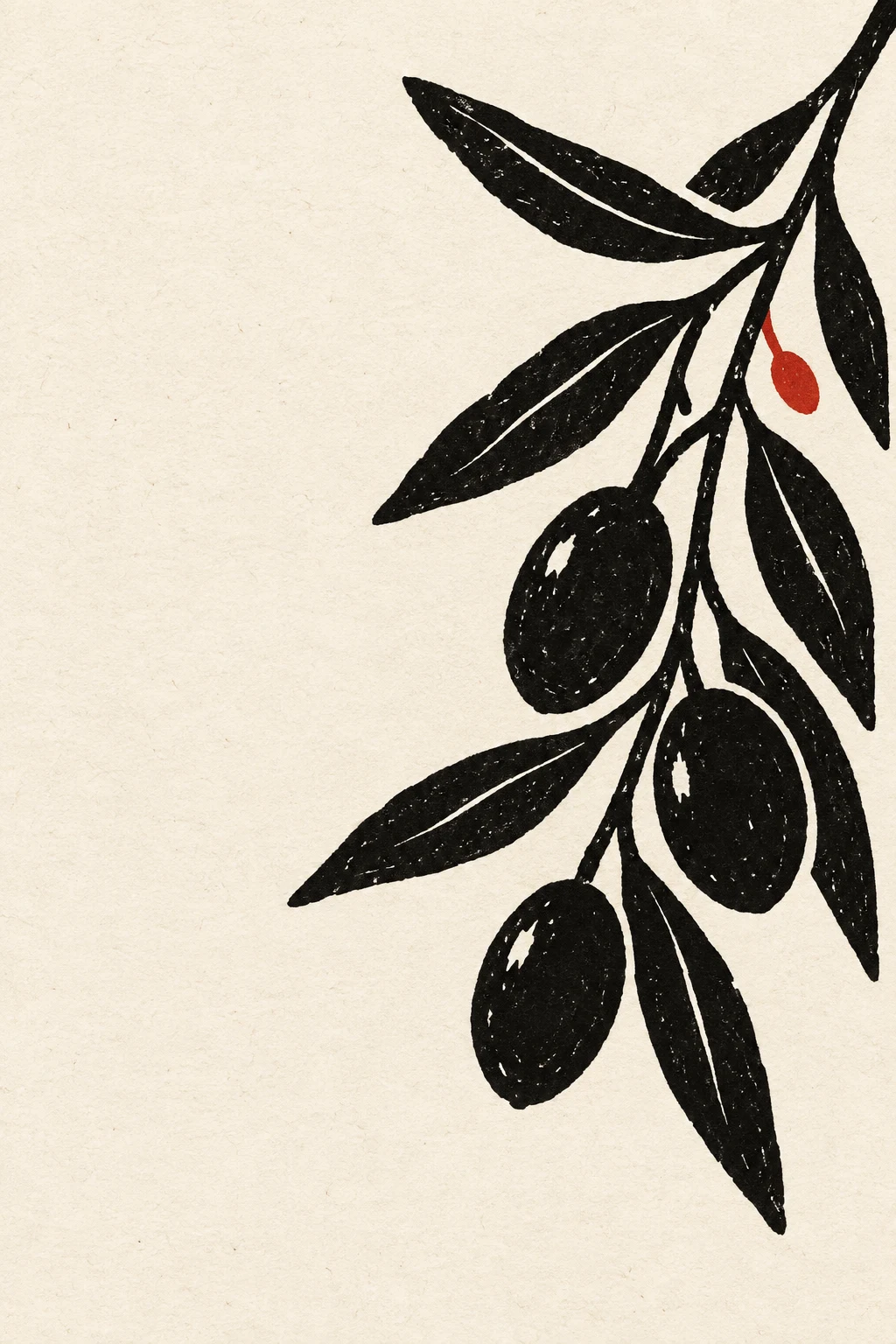 An olive spray with fruit in white, black, stone; portrait artwork.