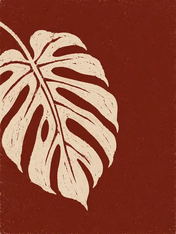 A monstera leaf split to the rib in burgundy, cream, rust, blush; portrait artwork.