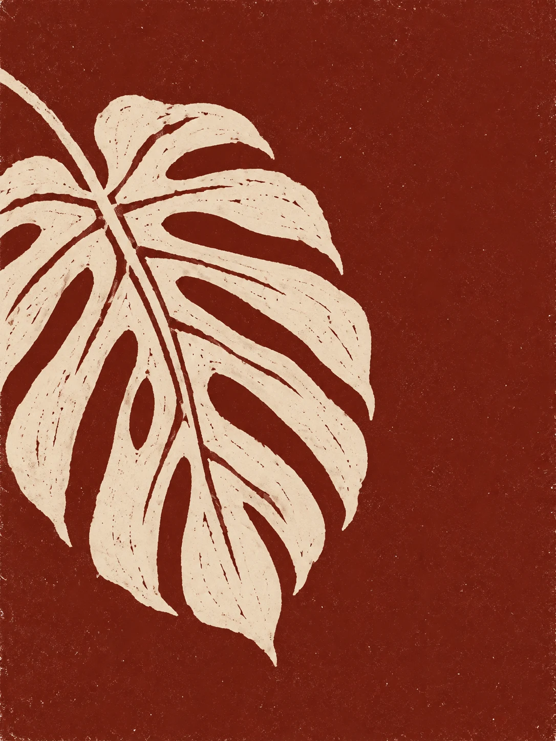 A monstera leaf split to the rib in burgundy, cream, rust, blush; portrait artwork.
