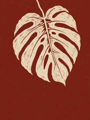 A monstera leaf split to the rib in rust, cream, sand, burgundy; portrait artwork.