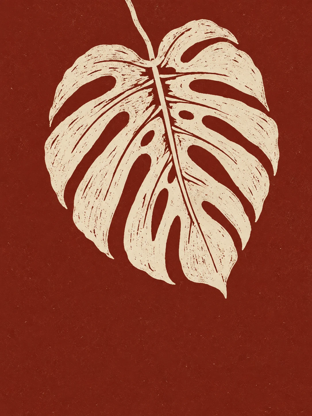 A monstera leaf split to the rib in rust, cream, sand, burgundy; portrait artwork.