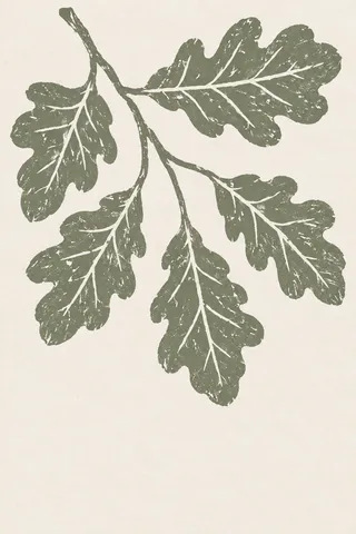 An oak branch with five leaves in white, sage, taupe, stone; portrait artwork.