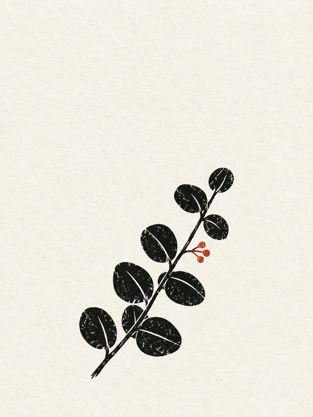 A eucalyptus stem with round leaves in white, gray; portrait artwork.
