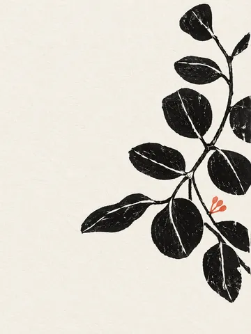 A eucalyptus stem with round leaves in white, black, stone; portrait artwork.