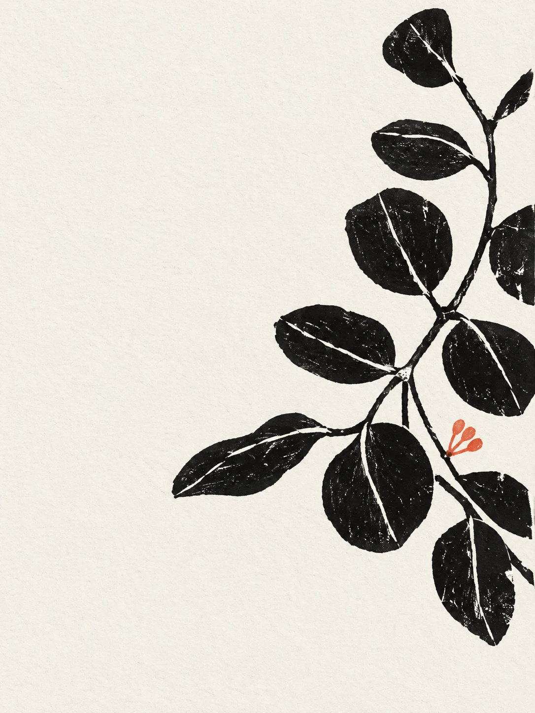 A eucalyptus stem with round leaves in white, black, stone; portrait artwork.