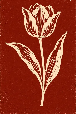 A single tulip in full silhouette in rust, stone, terracotta; portrait artwork.