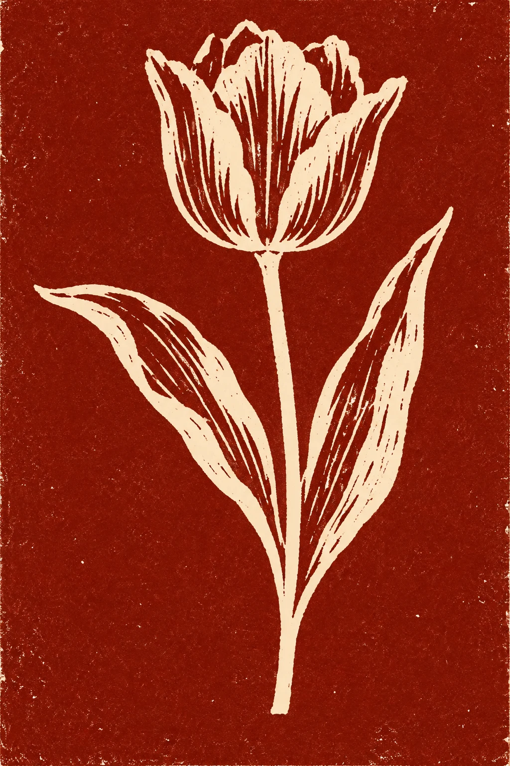 A single tulip in full silhouette in rust, stone, terracotta; portrait artwork.