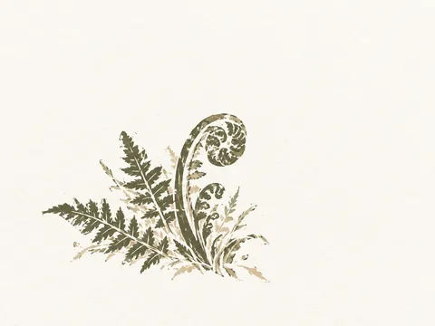 A fern unrolling in white, stone; landscape artwork.