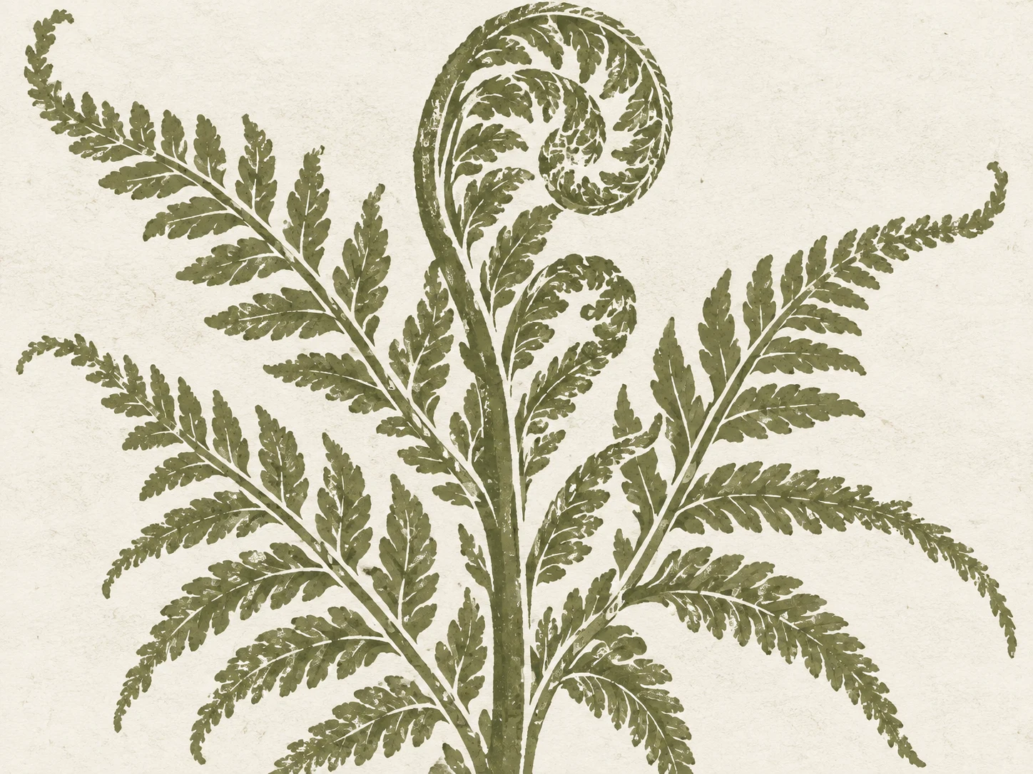 A fern unrolling in white, sage, sand, taupe; landscape artwork.