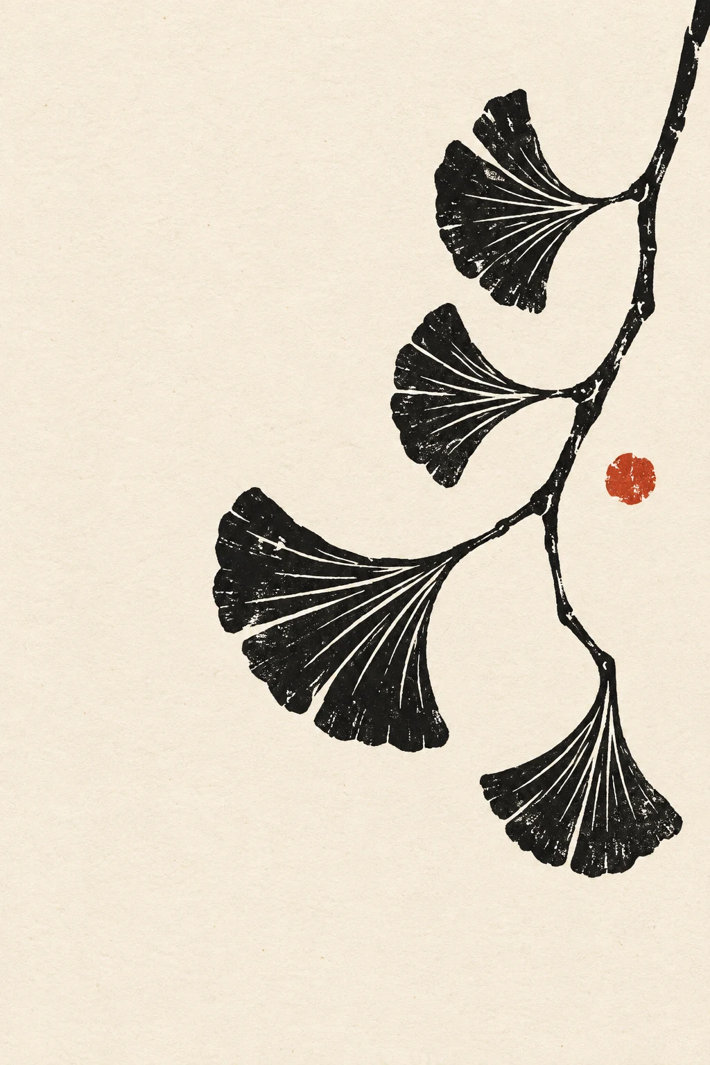 A ginkgo branch with four fans in white, charcoal; portrait artwork.